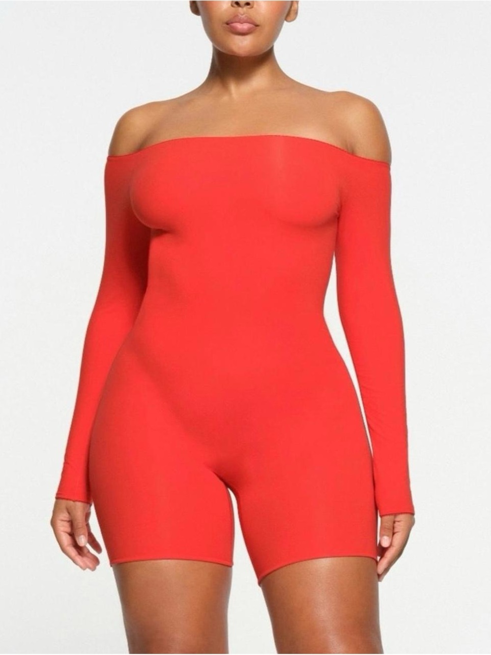 SKIMS Off-Shoulder Long Sleeve Red Bodysuit Romper